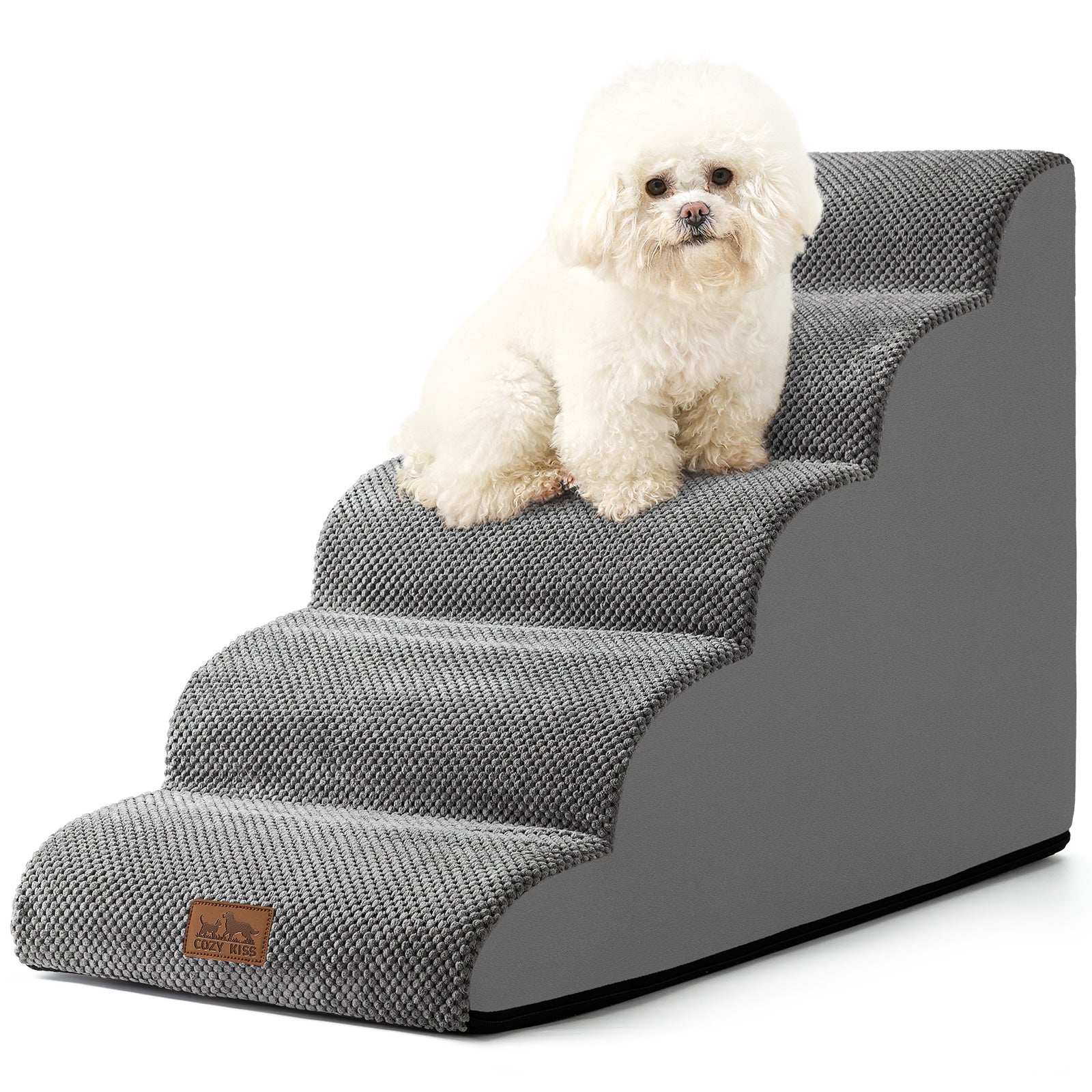 Dog sitting on a set of gray pet stairs with a white background#Color_Grey