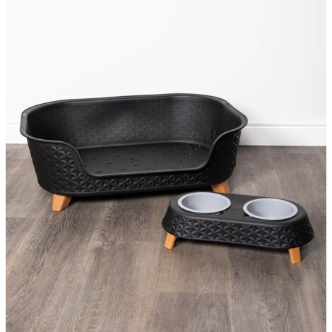 77cm x 58cm Black Plastic Raised Pet Basket with Legs and Black Plastic Double Pet Bowl Feeder with Stand Set - 1