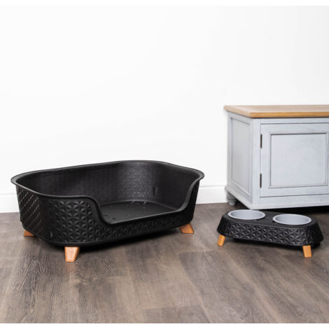77cm x 58cm Black Plastic Raised Pet Basket with Legs and Black Plastic Double Pet Bowl Feeder with Stand Set - 2