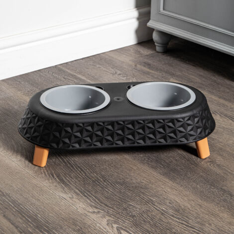 77cm x 58cm Black Plastic Raised Pet Basket with Legs and Black Plastic Double Pet Bowl Feeder with Stand Set - 3