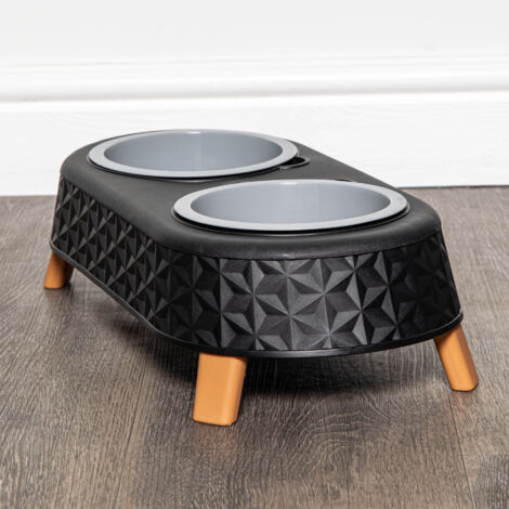 77cm x 58cm Black Plastic Raised Pet Basket with Legs and Black Plastic Double Pet Bowl Feeder with Stand Set - 4