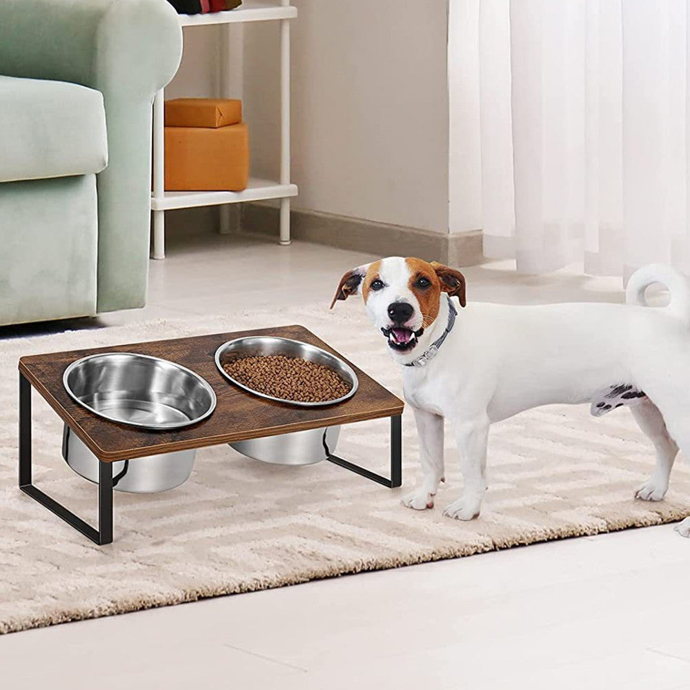ScritchPets Wood and Iron Pet Feeding Rack with Bowls