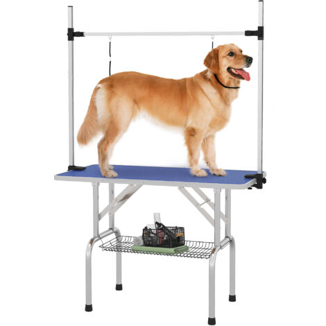 PawHut Metal Adjustable Dog Grooming Table Rubber Top 2 Safety Slings Mesh Blue - 1