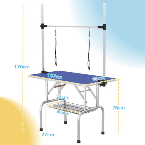 PawHut Metal Adjustable Dog Grooming Table Rubber Top 2 Safety Slings Mesh Blue - 2