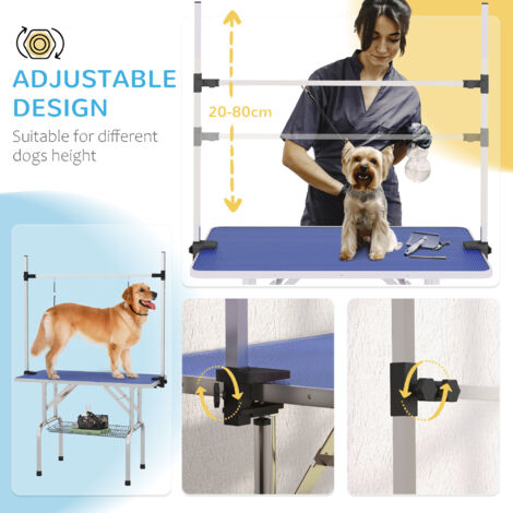 PawHut Metal Adjustable Dog Grooming Table Rubber Top 2 Safety Slings Mesh Blue - 4