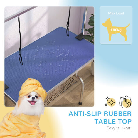 PawHut Metal Adjustable Dog Grooming Table Rubber Top 2 Safety Slings Mesh Blue - 5
