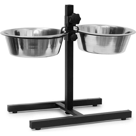 Relaxdays Stainless Steel Feeding Bowl, Set of 2, Height-Adjustable Stand, for Dogs, Non-Slip, 42 x 53 x 26 cm, Silver - 1