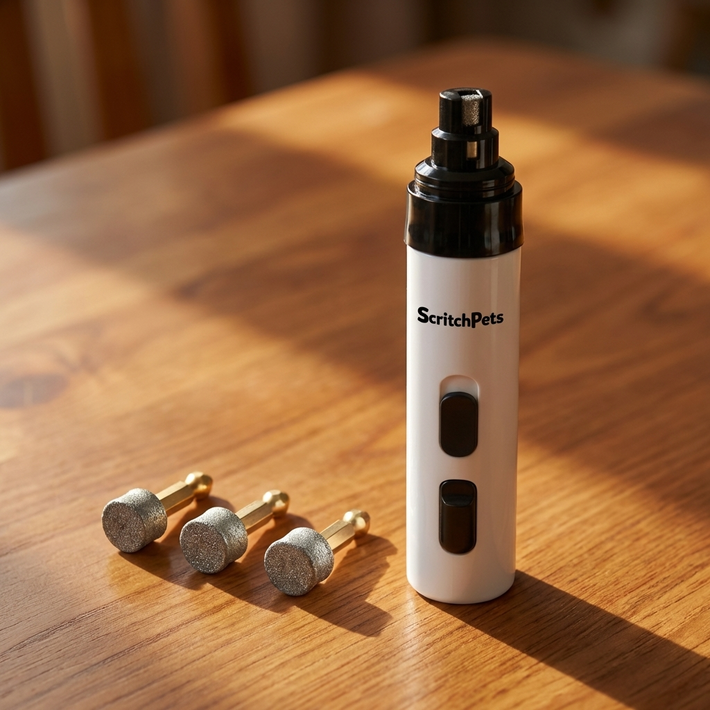 White trimmer device with black accents labeled 'ScritchPets' and 3 GentlePaw Drum Grinder 