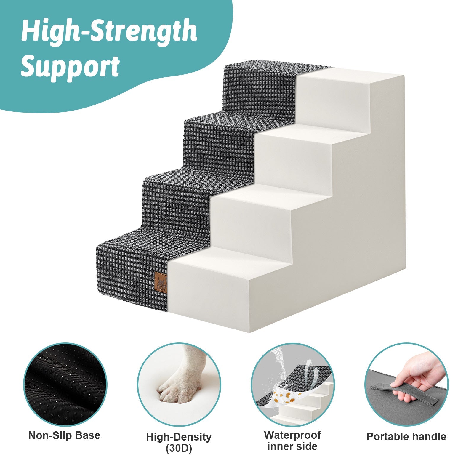 High-strength support of Cozy Bliss foam pet stairs featuring non-slip base, 30D high-density foam, waterproof inner side, and portable handle. #color_Grey