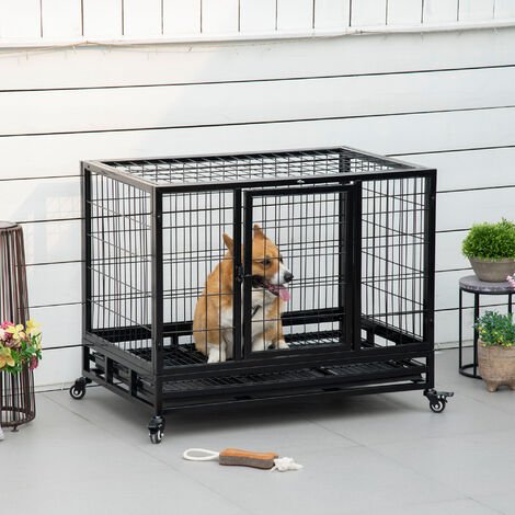 PawHut Heavy Duty Metal Dog Crate Pet Cage with Tray Wheeled Dog Kennel Medium - 3