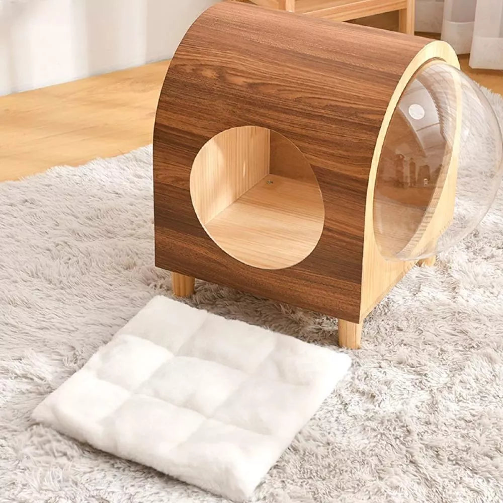 ScritchPets Wooden Space Capsule Cat Bed with Cushion