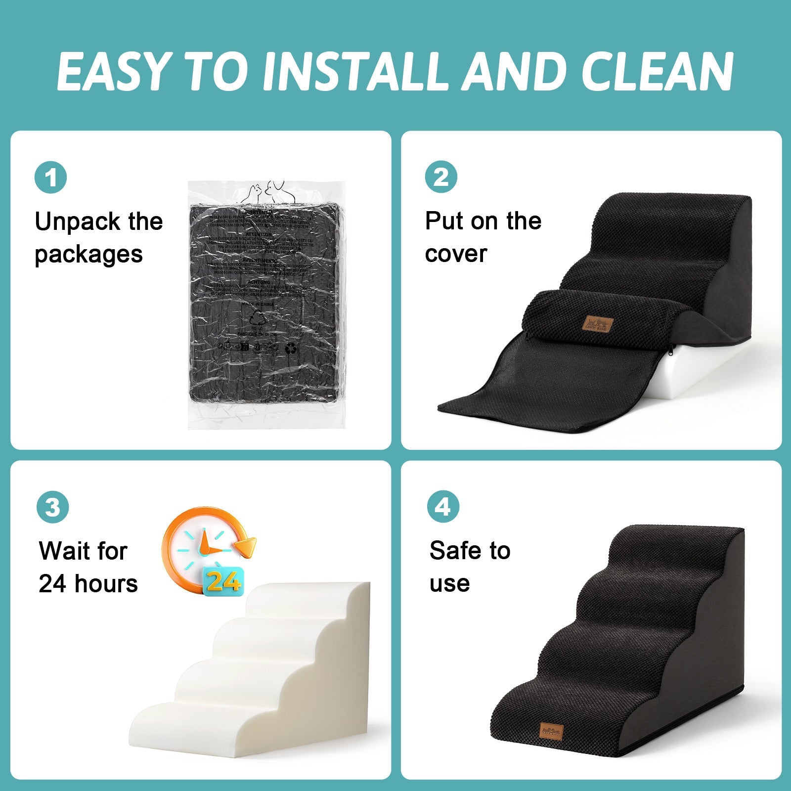 Step-by-step guide on how to install and use a pet product with text and images.#Color_Black