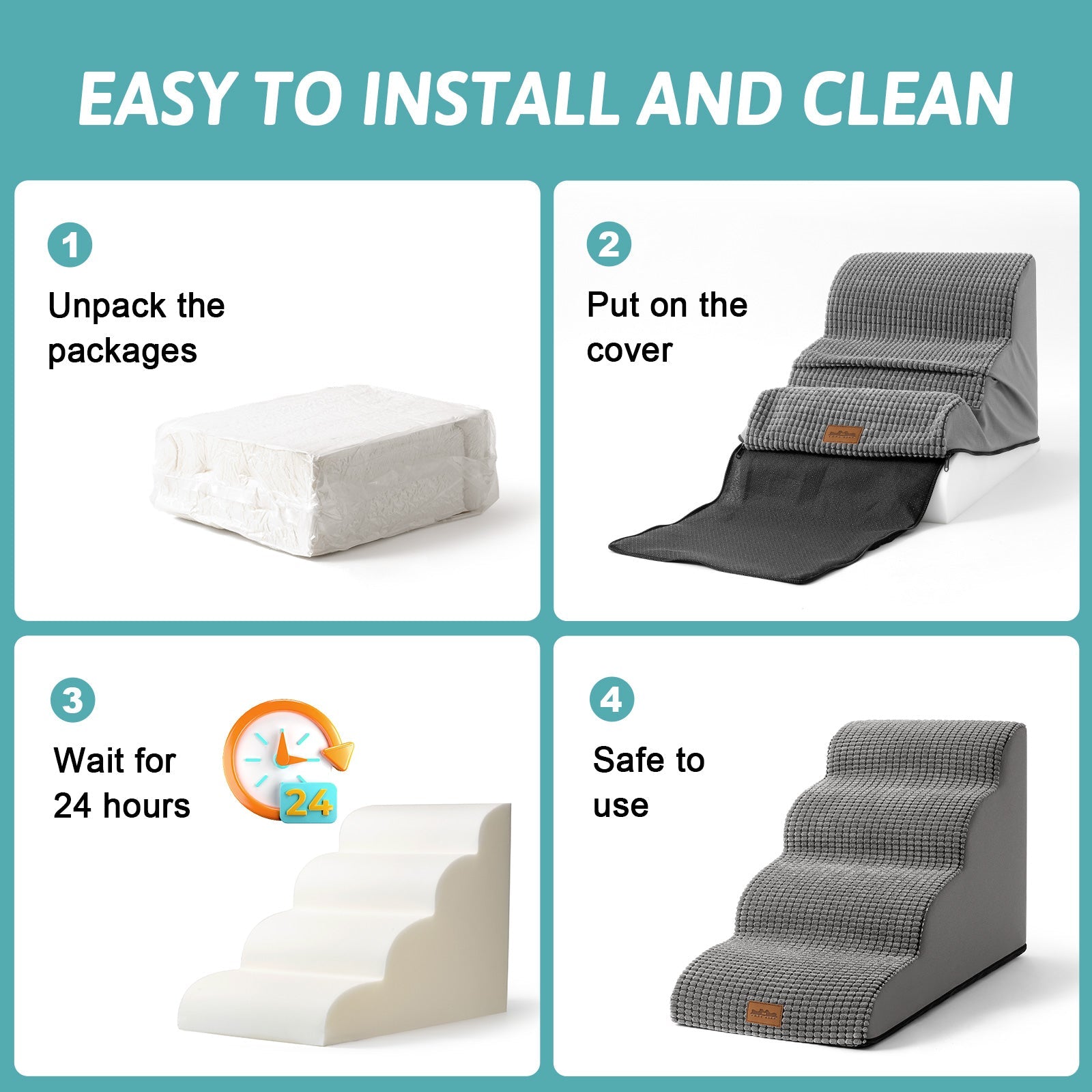 Step-by-step guide on how to install and use a pet stair set with text 'Easy to Install and Clean'.#color_Dark Grey
