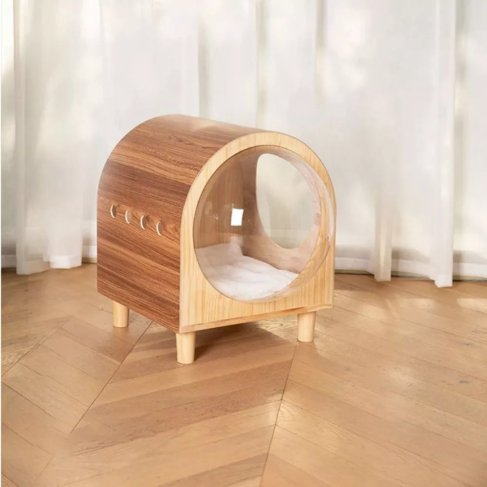 ScritchPets Wooden Space Capsule Cat Bed with Cushion