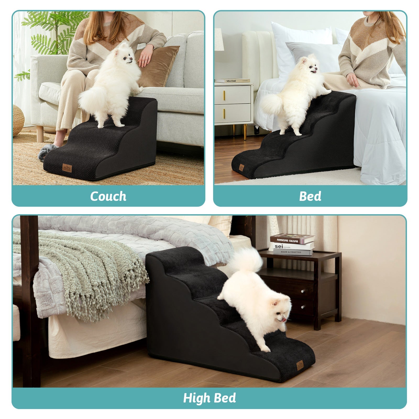 Pet ramp being used to climb onto a couch, bed, and high bed in a home setting.#Color_Black