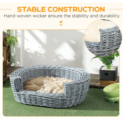 PawHut Elevated Dog Cat Couch Pet Basket Sofa Bed Wicker Willow Rattan w/Cushion - 4