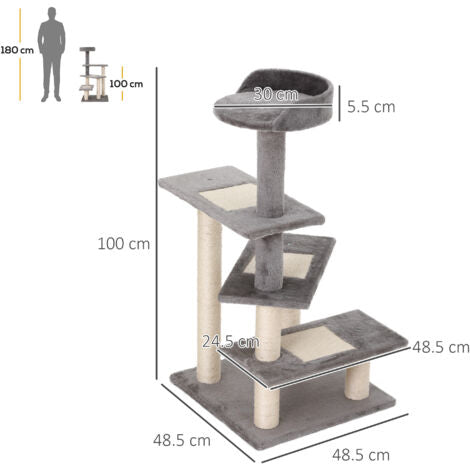 PawHut Cat Tree Scratcher, Climbing Post, Kitten Pets Scratching Furniture Tower Grey - 2