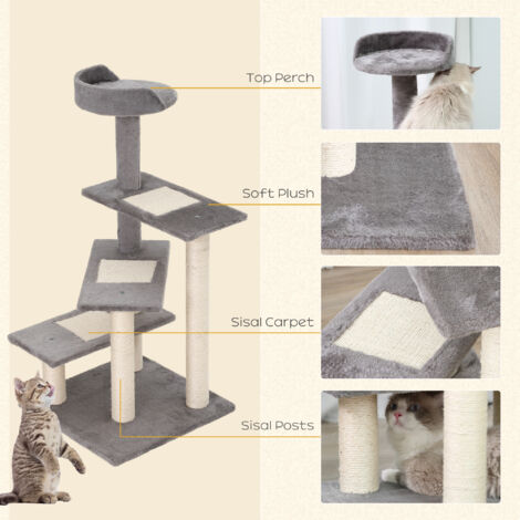 PawHut Cat Tree Scratcher, Climbing Post, Kitten Pets Scratching Furniture Tower Grey - 4