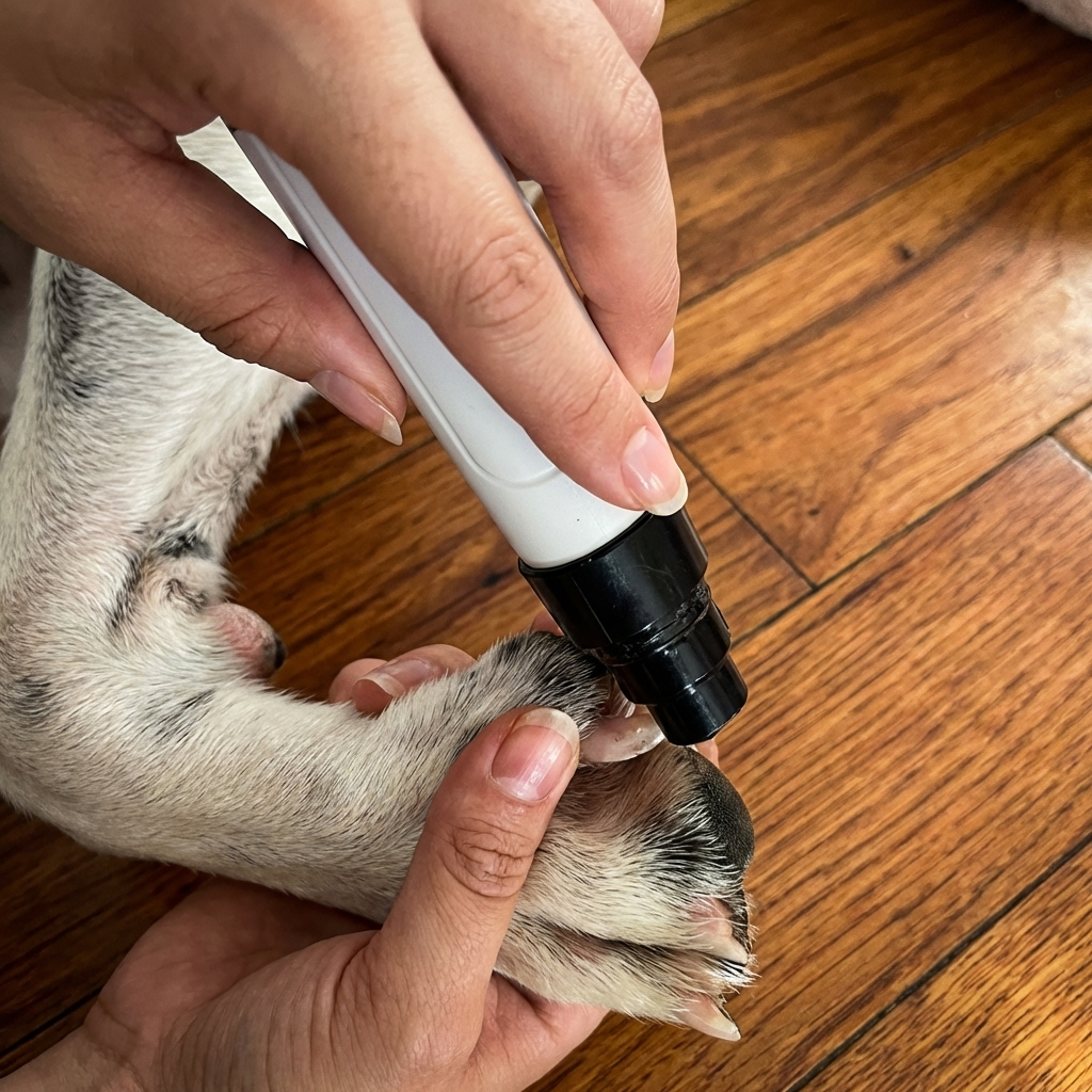 Person applying GentlePaw Drum Grinder to a dog's paw on a wooden floor