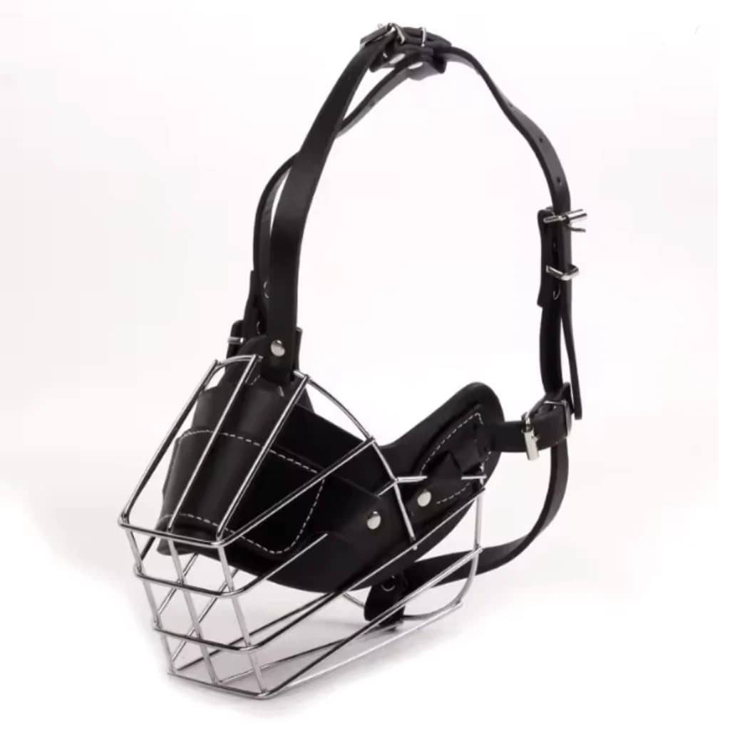 Black adjustable basket dog muzzle with secure head straps displayed on a clean white background.