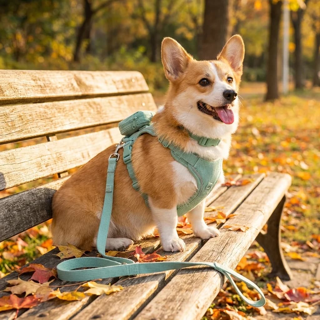 Corgi wearing a mint green adjustable dog harness with matching lead and pouch while sitting on a wooden park bench