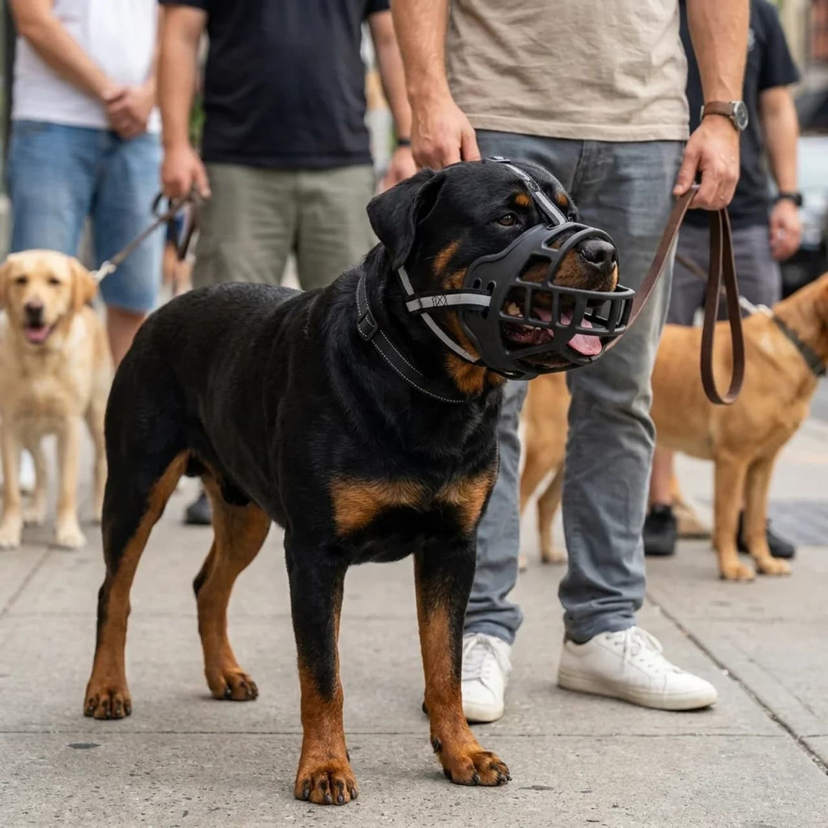 Rottweiler wearing an adjustable breathable dog muzzle outdoors for safer walking and training