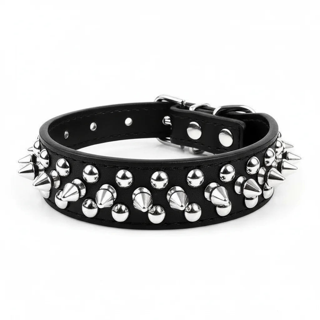 Adjustable Spike Dog Collar and Leash Set for Strong Breeds – Durable Faux Leather 1