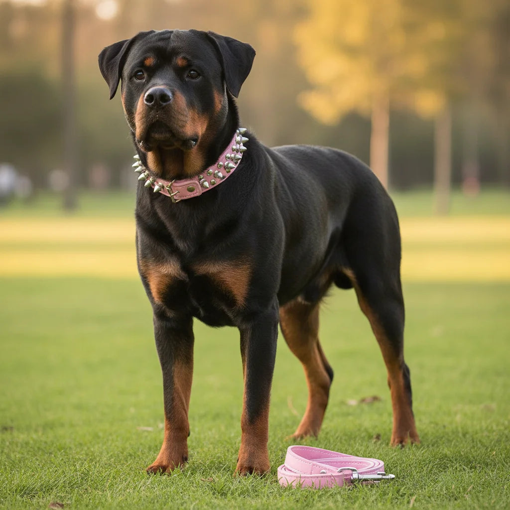 Adjustable Spike Dog Collar and Leash Set for Strong Breeds – Durable Faux Leather 4