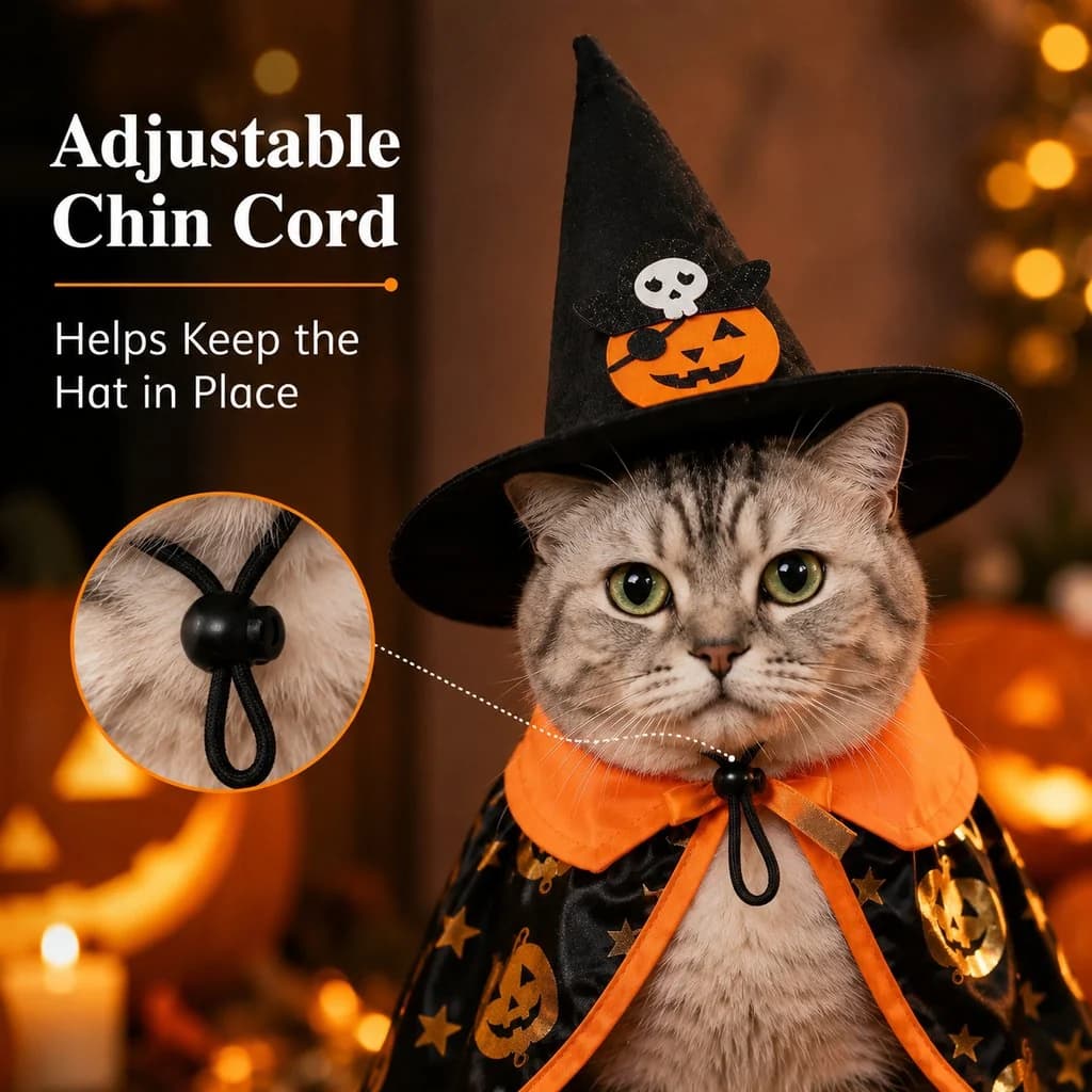 Grey cat wearing an adjustable black Halloween witch hat with orange pumpkin detail