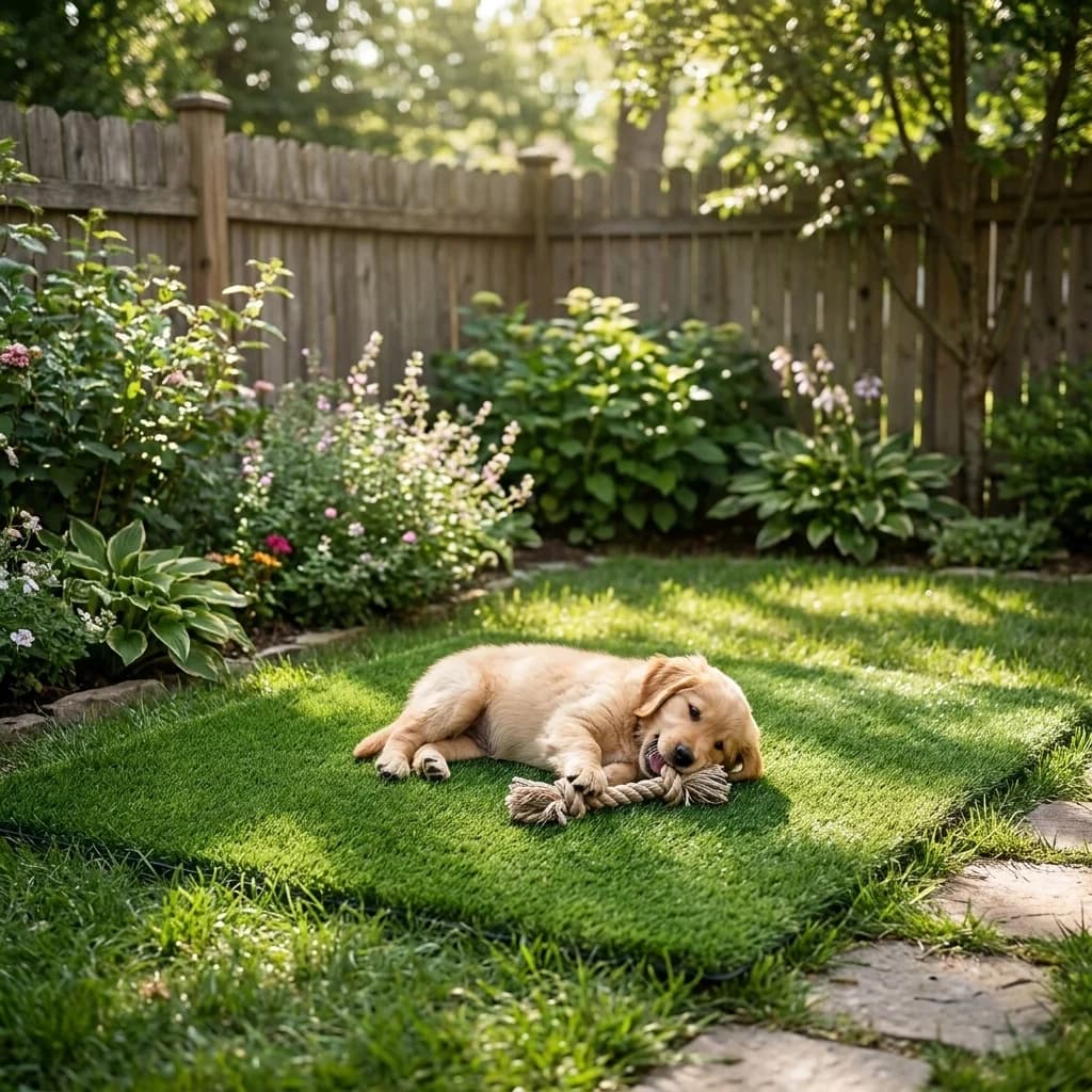 Small dog resting beside an artificial pet grass mat in a sunny garden with natural greenery