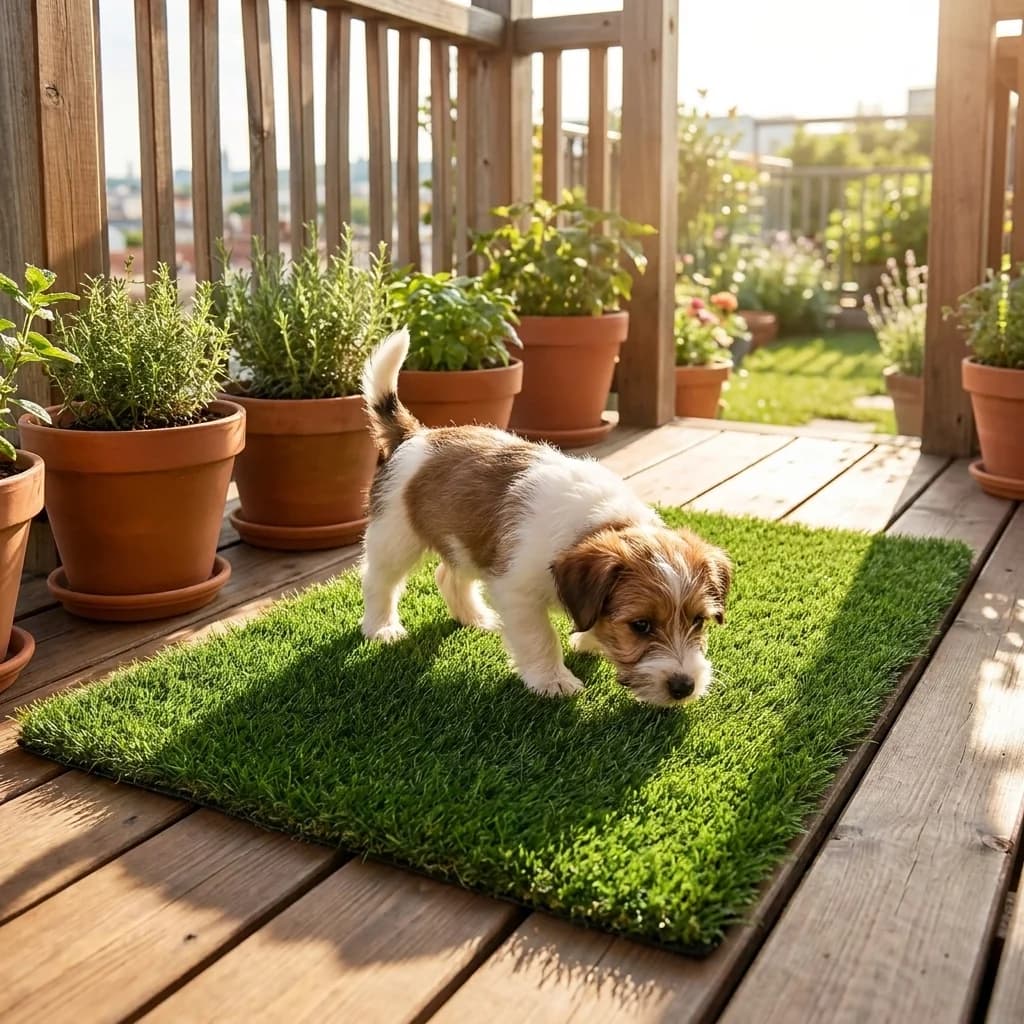 Small puppy using a realistic artificial pet grass mat on a sunny wooden balcony surrounded by potted plants