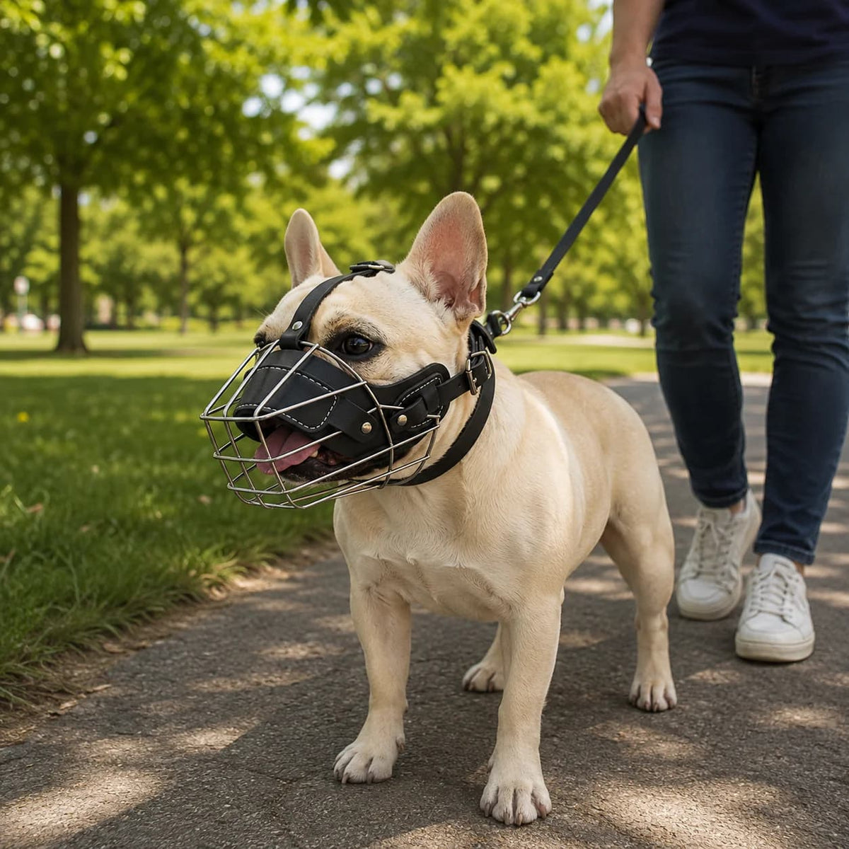 French Bulldog wearing a secure basket dog muzzle while walking on a lead outdoors in a park.