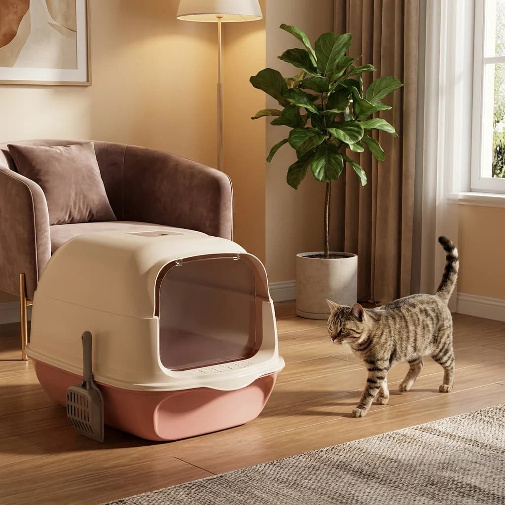 Tabby cat walking beside a beige enclosed litter box with a front entrance.