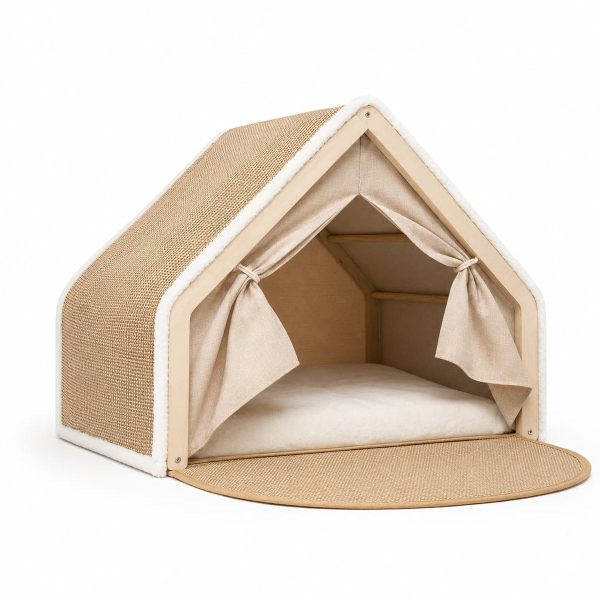 Beige tent shaped enclosed cat bed with cushioned interior displayed clearly on a white background