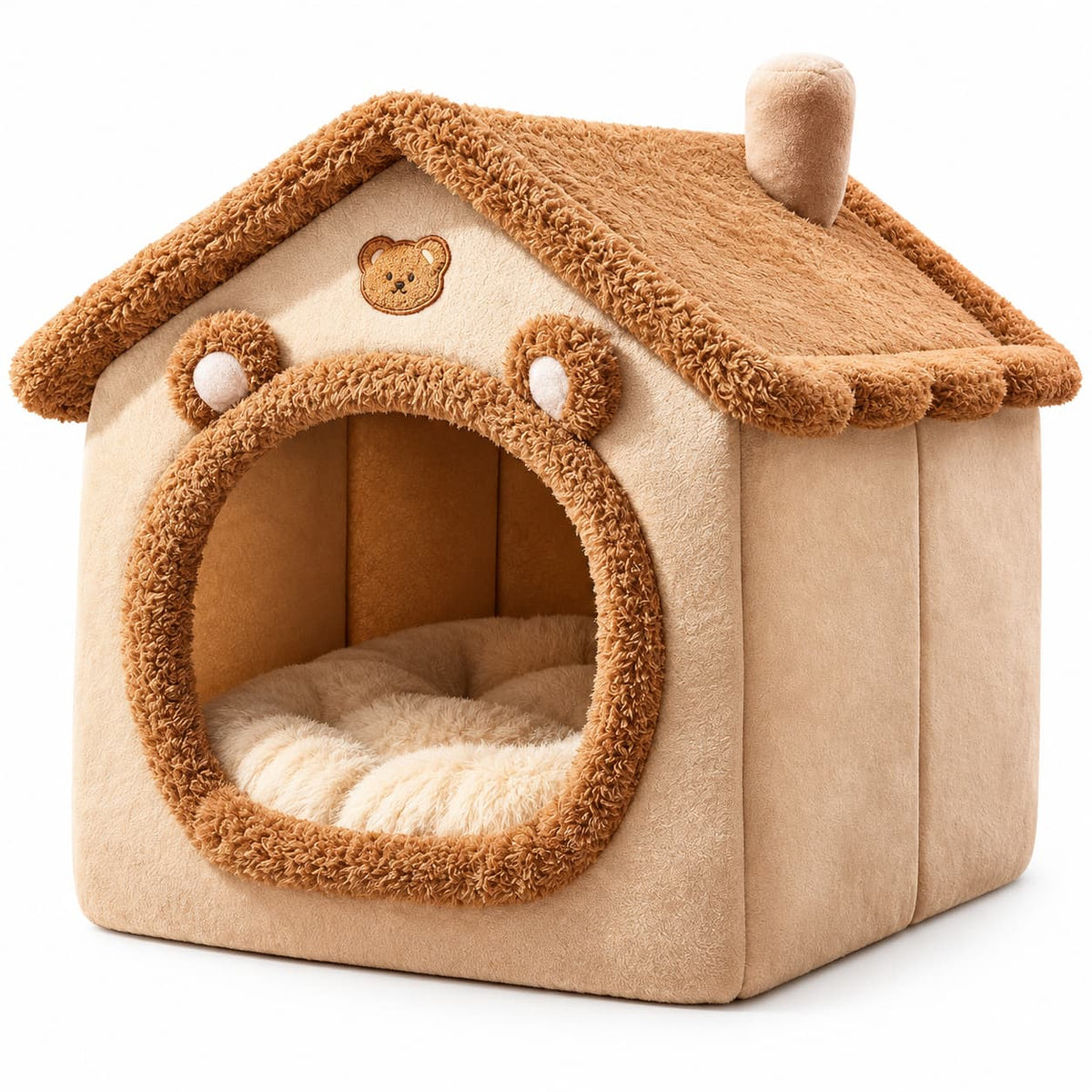 Beige house shaped dog bed with a cushioned enclosed sleeping space for small dogs