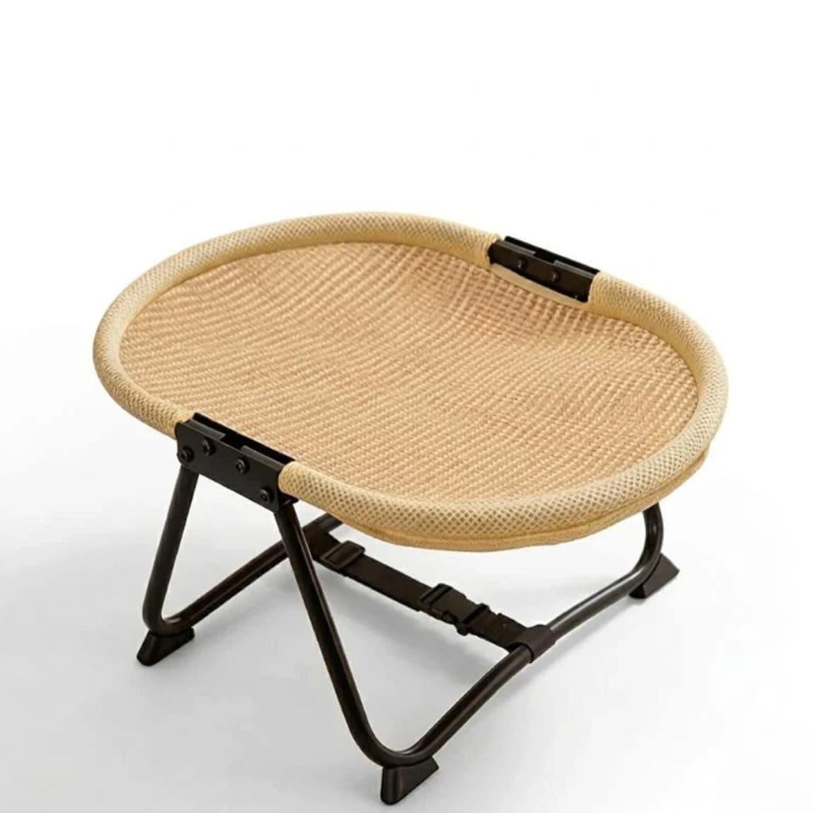 Beige round elevated cat hammock bed with sturdy black folding frame on white background