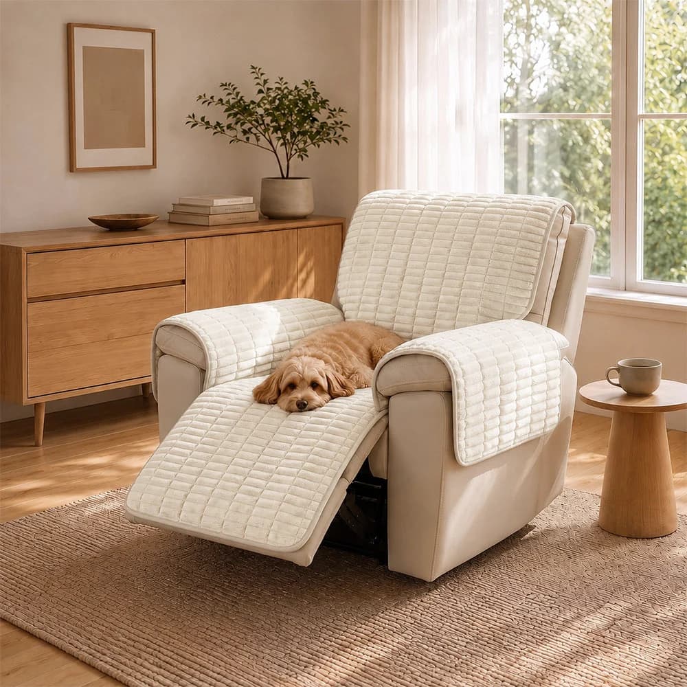 Cat relaxing on a beige quilted recliner protector covering the seat, arms and footrest.