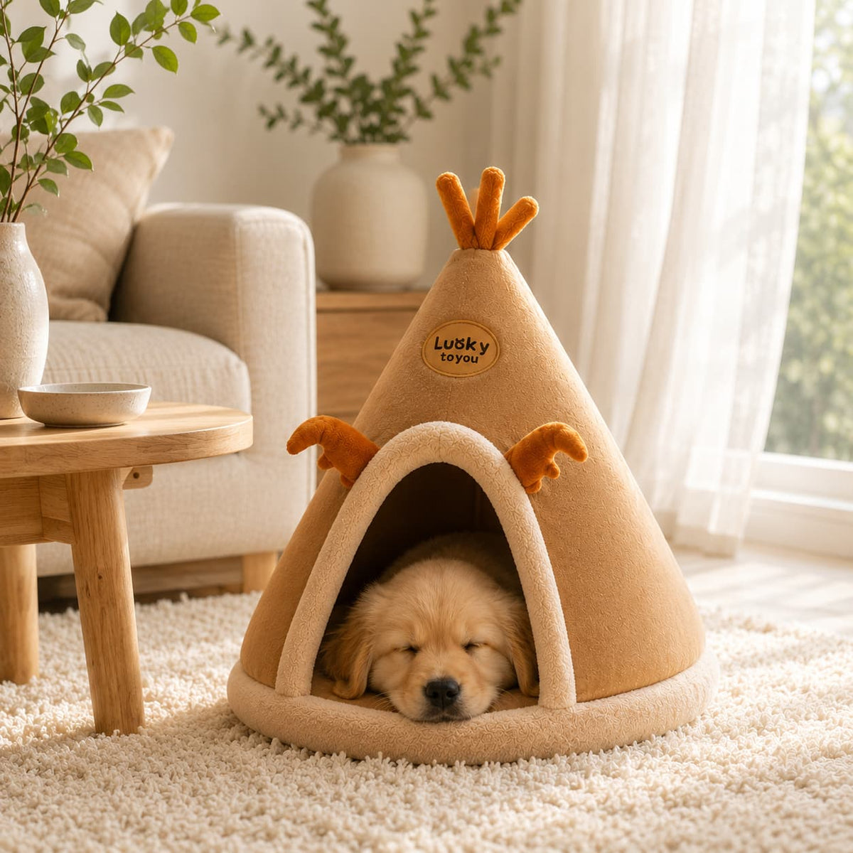 Small dog resting comfortably inside a beige reindeer style teepee pet bed in a bright cosy living room