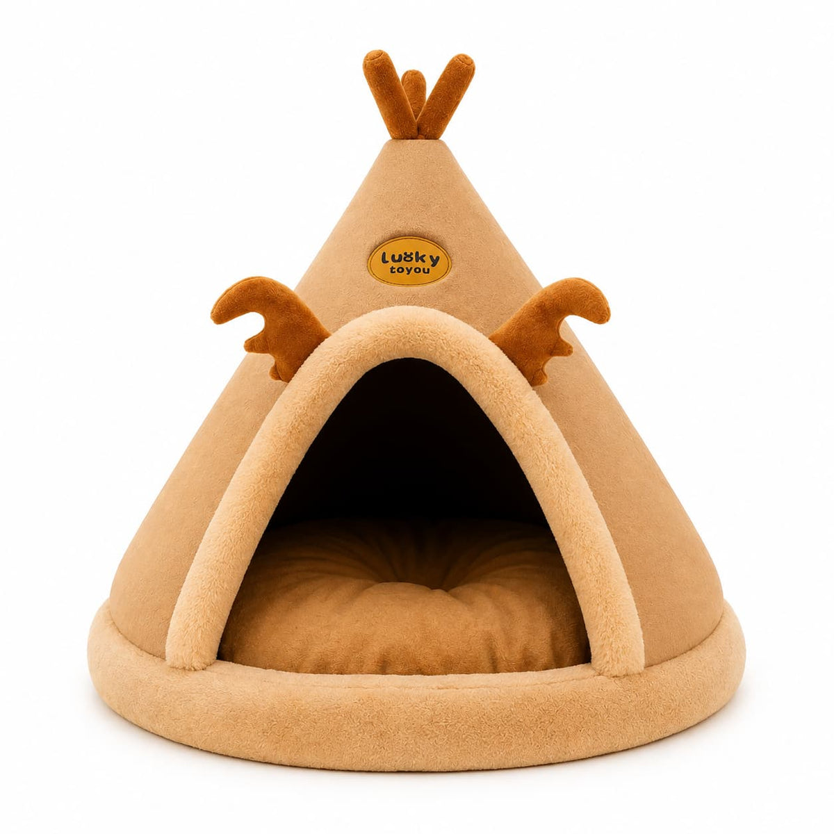 Beige reindeer style teepee pet bed displayed on a clean white background showcasing its soft enclosed sleeping space