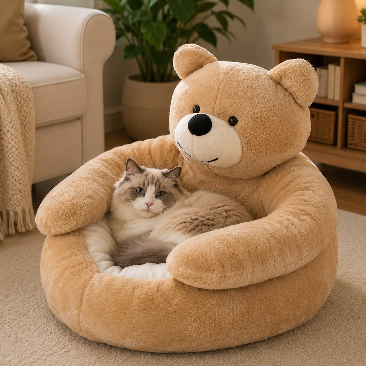 Cat relaxing inside a plush beige teddy bear shaped pet bed in a bright cosy living room