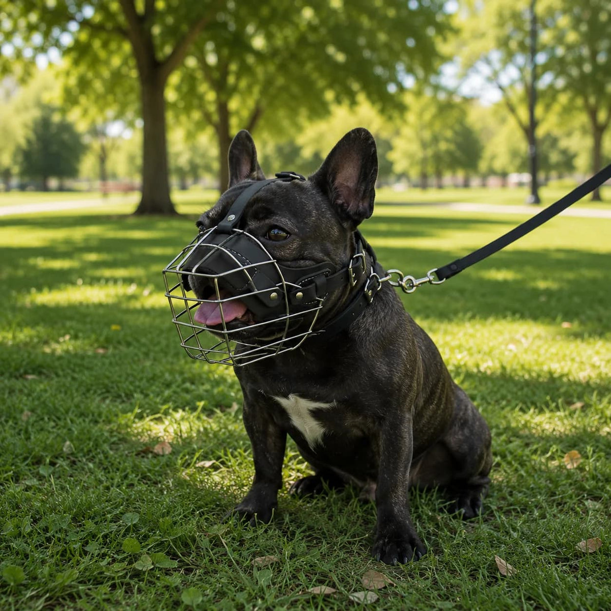Small black dog wearing a basket muzzle and lead during outdoor walking and training in a park.