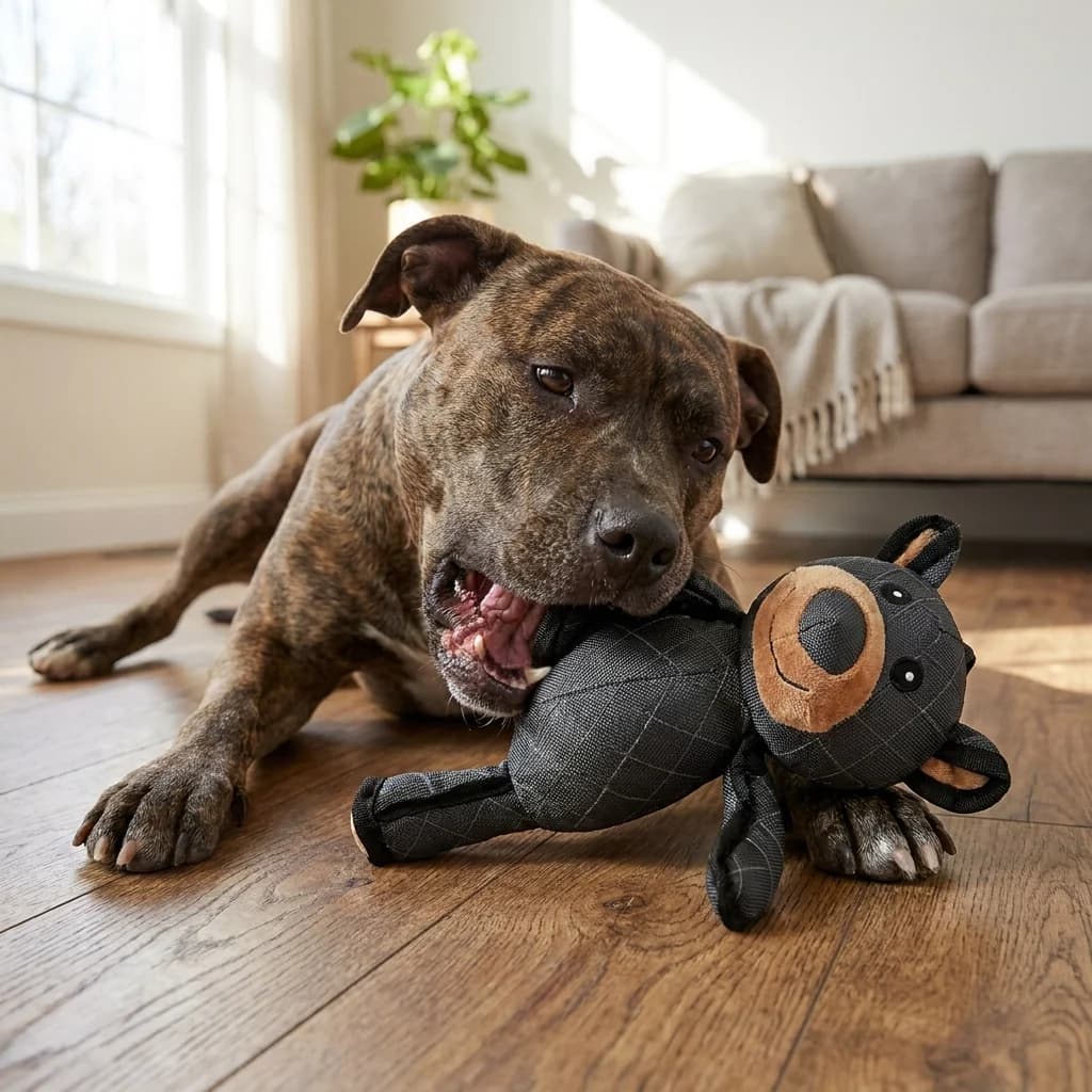Brown dog chewing a black bear plush dog toy with a brown muzzle while lying on a wooden floor in a cosy living room.