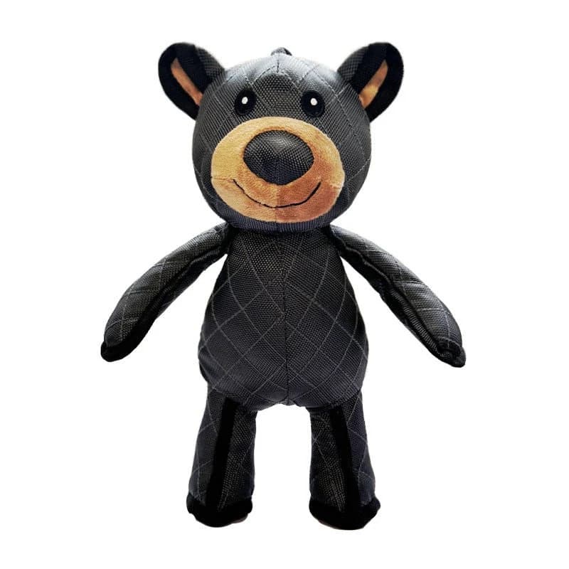 Front view of a black bear plush dog toy with rounded ears, brown muzzle and soft stuffed body on a white background.