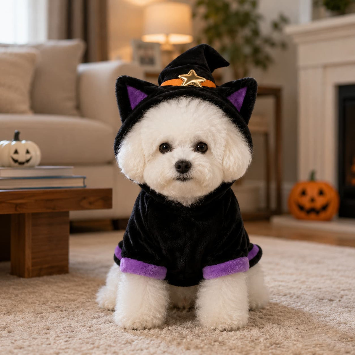 Small white dog wearing a black cat witch Halloween costume with purple trim, cat ears and pointed hat