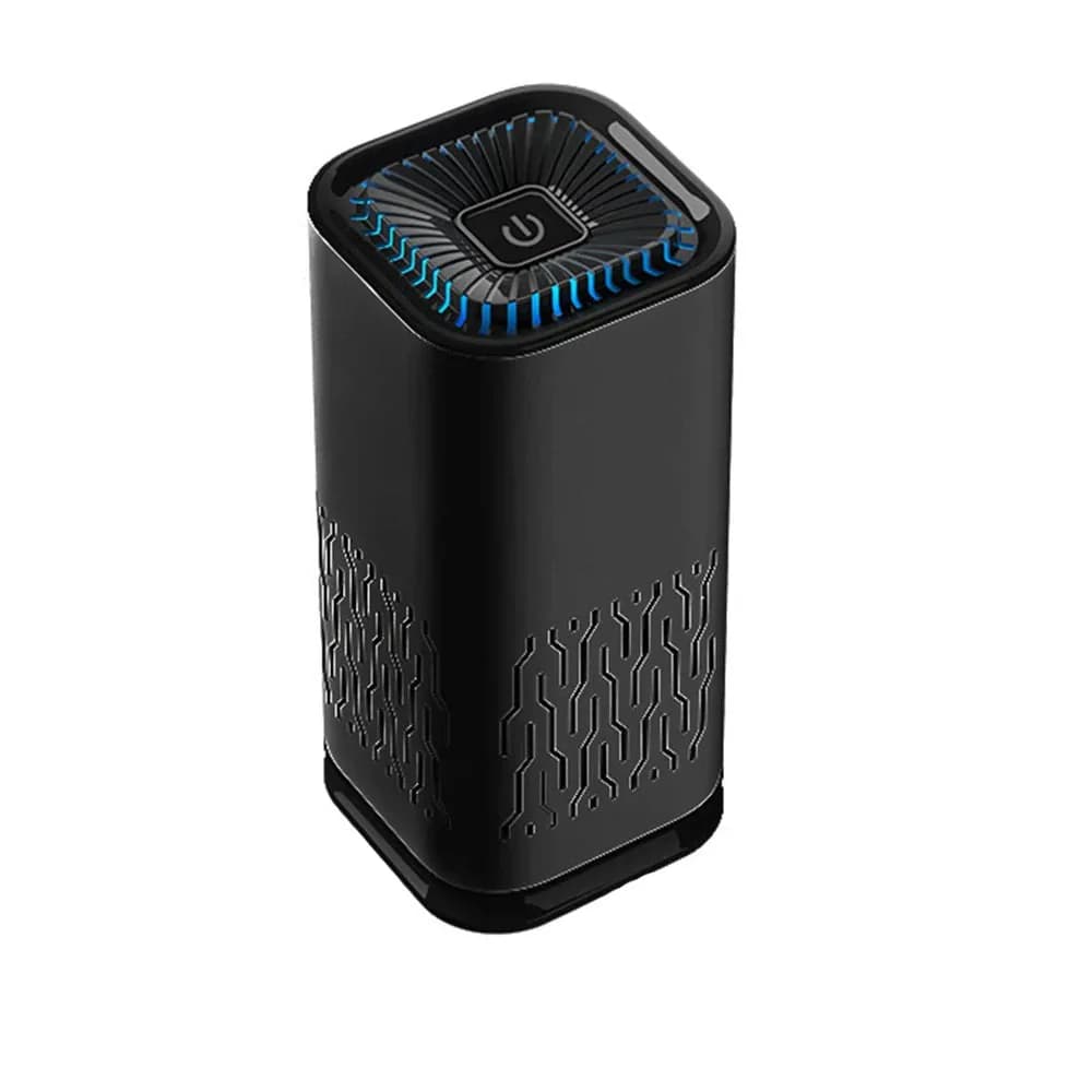 Black compact pet air purifier with top control panel and ventilated housing
