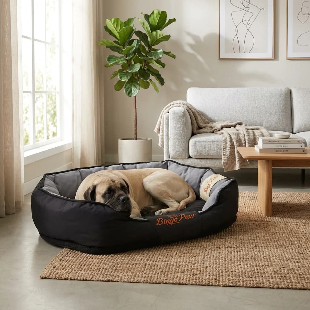 Dog sleeping comfortably in a supportive black cushioned sofa bed with raised sides in a cosy home.