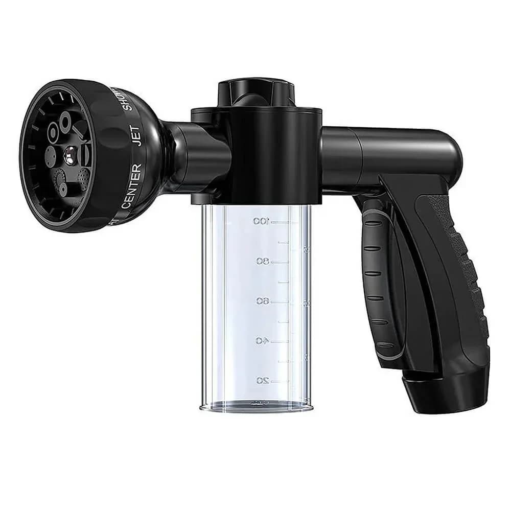 Black handheld dog washing sprayer with integrated transparent soap dispenser