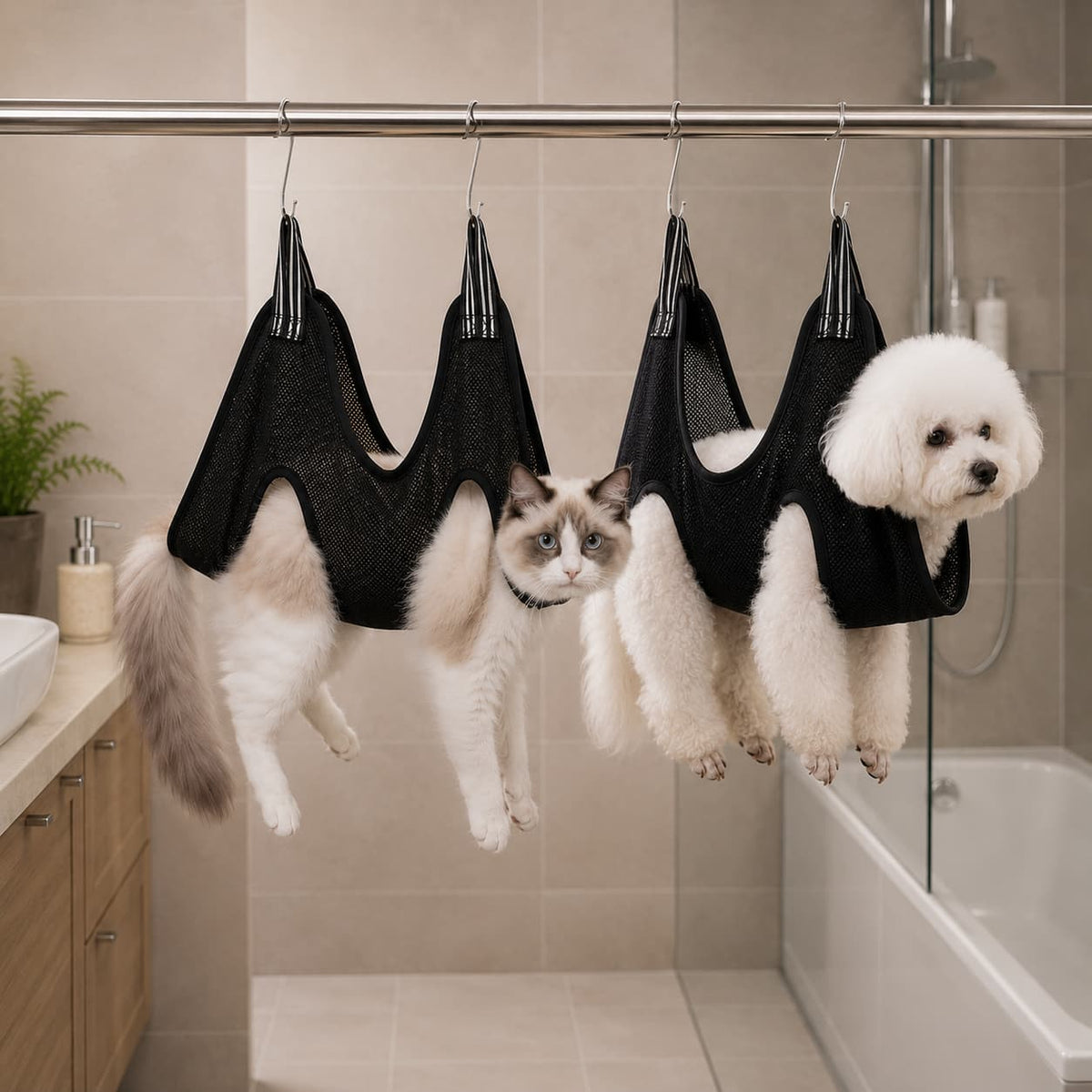 Small dogs comfortably suspended in black pet grooming hammocks for convenient at home grooming