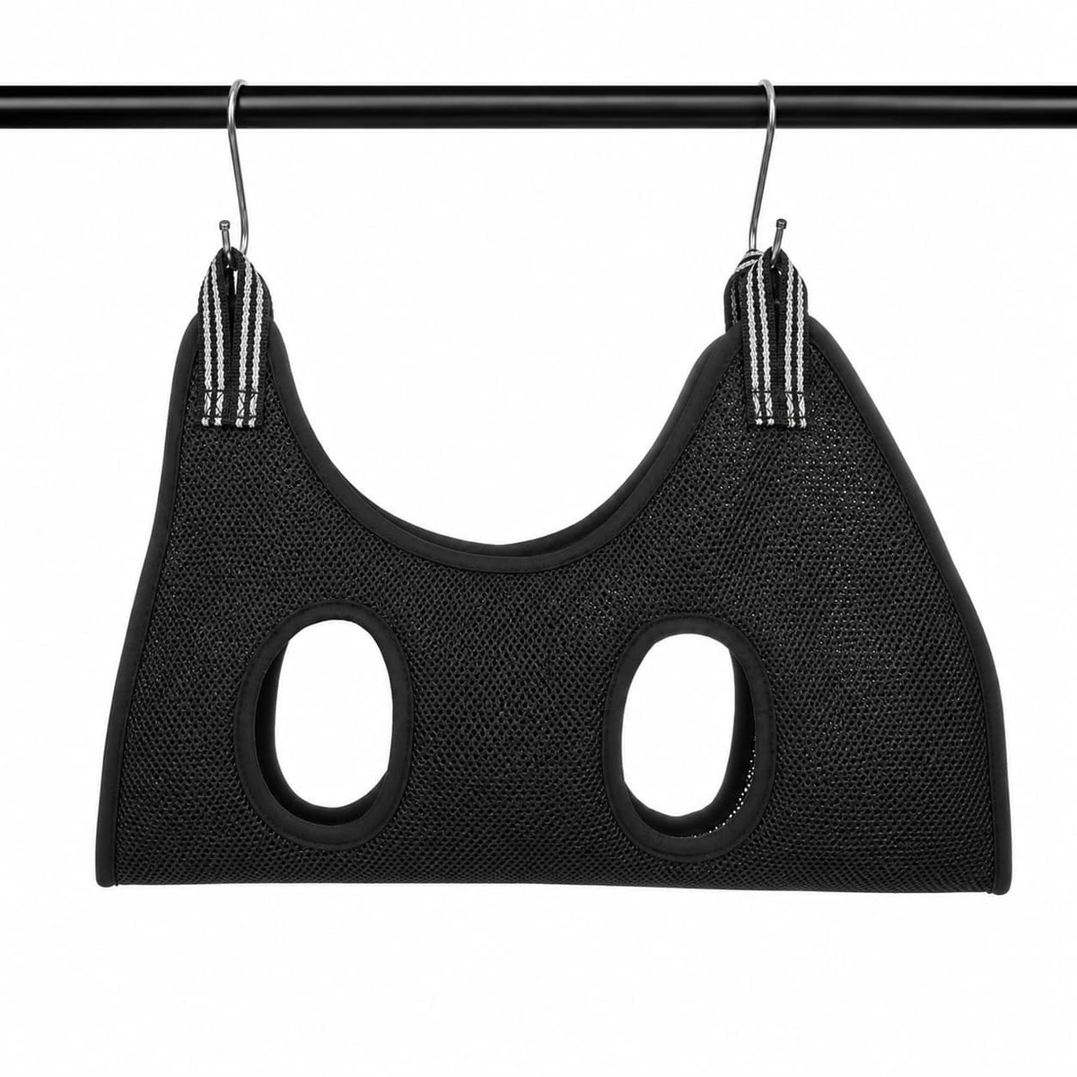 Black mesh pet grooming hammock with leg openings designed to comfortably support pets during grooming