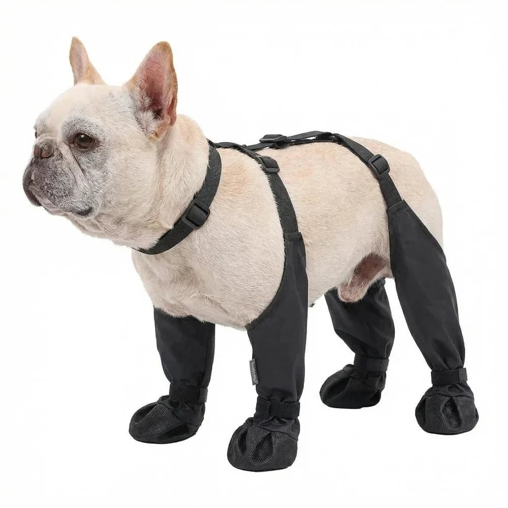 French Bulldog wearing four black protective dog boots shown clearly against a white background.